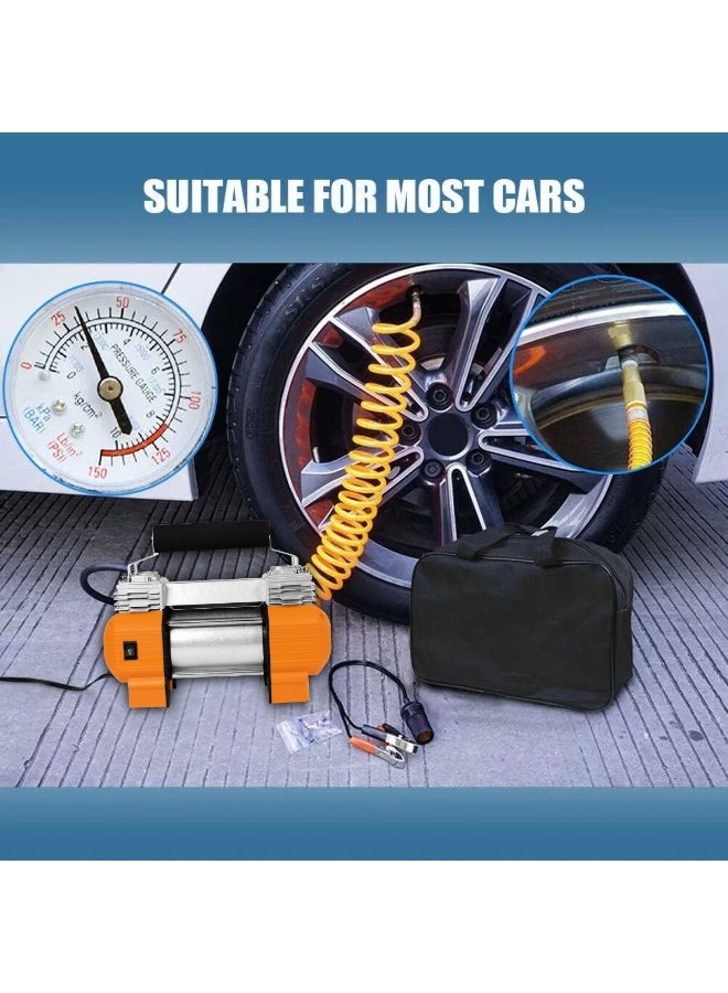 SPIDER 12V Dual Cylinder Air Compressor with LED Light 150 PSI Heavy Duty Portable Tyre Inflator 85 LPM Fast Inflation Metal Piston Battery Clamp Cigarette Lighter Plug Extension Hose Pressure Gauge for Car SUV Truck Bike Bicycle Ball Boat Pool Offroad Use - Image 3